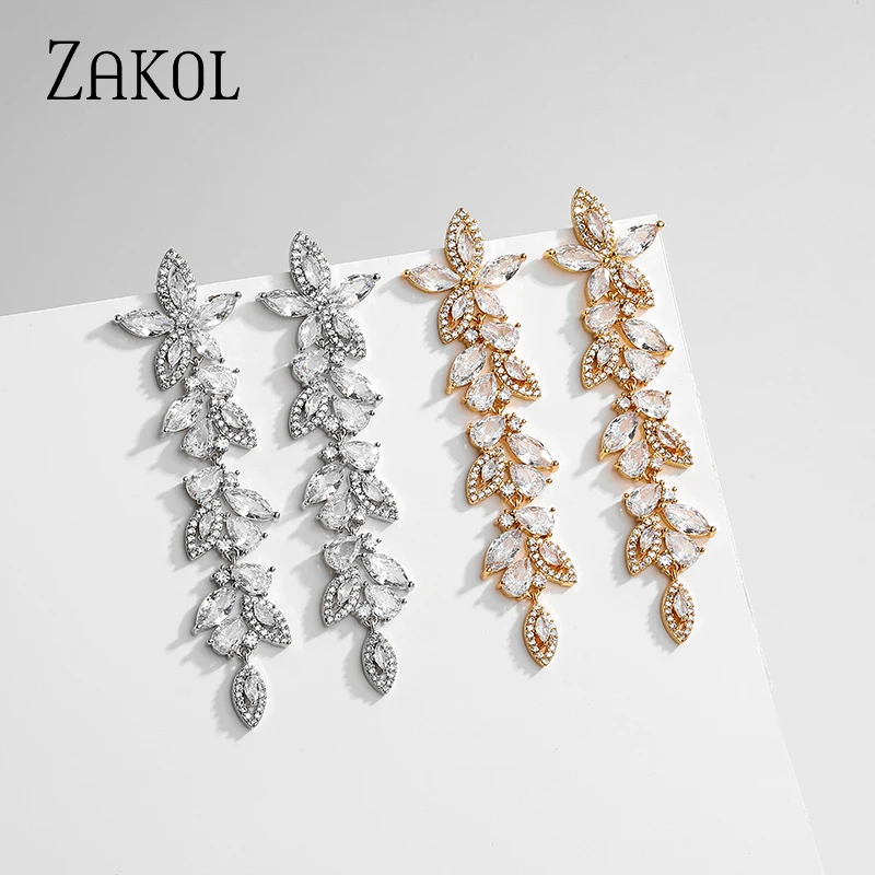 ZAKOL Luxury Flower Cubic Zirconia Long Dangle Earrings for Women Marquise Cluster Leaf Drop Earring Bridal Wedding Jewelry