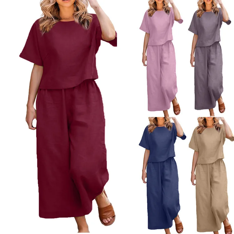 

New Large Size Cotton Linen Loose Set Casual Pure Color irt Pants Faionable All Seasons Tee-acetate Fiber Clothing
