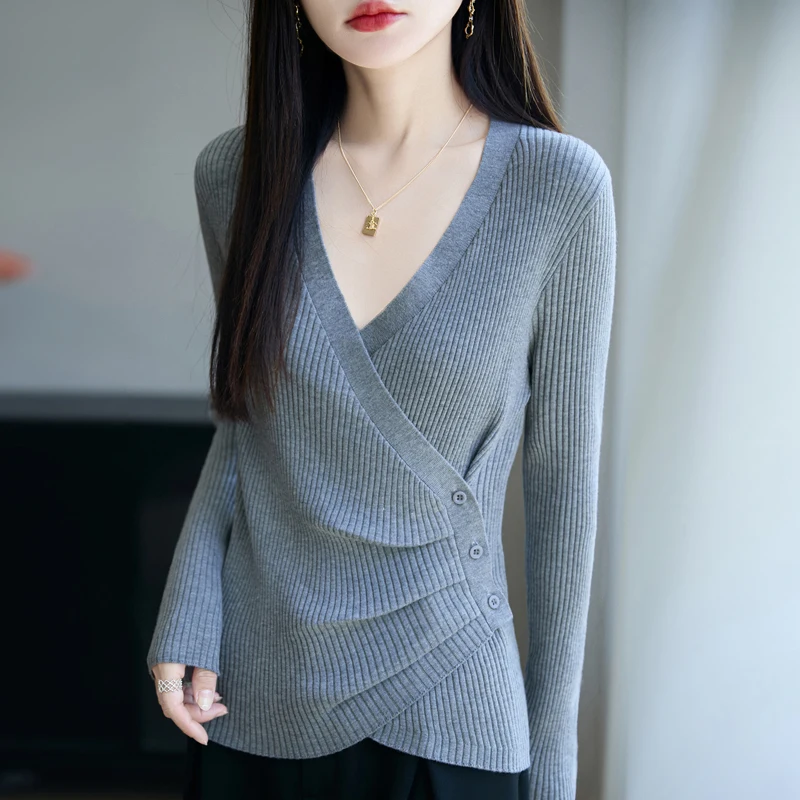 

Женская одежда, шерстяной пуловер с перекрестным v-образным вырезом, модный весенний свитер нестандартной формы, новинка 2025 года, женский тонкий вязаный топ с длинными рукавами
