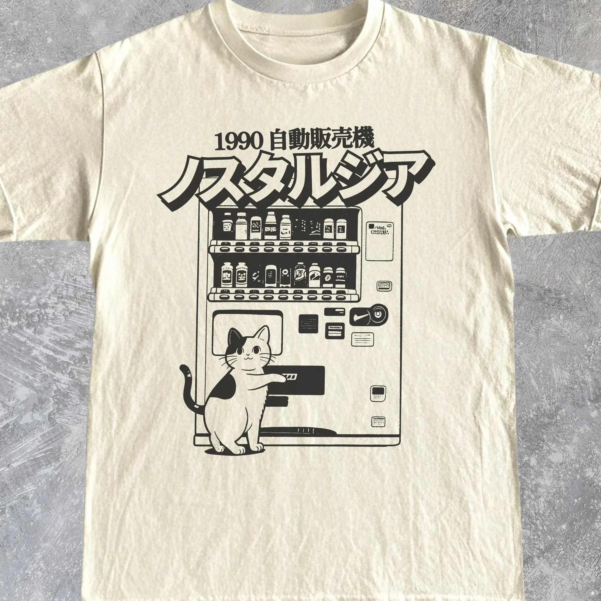 Summer Men's Pure Cotton Retro Japan Cat Vending Machine T-shirt Casual Stylish Loose and Breathable Suitable for Everyday Wear