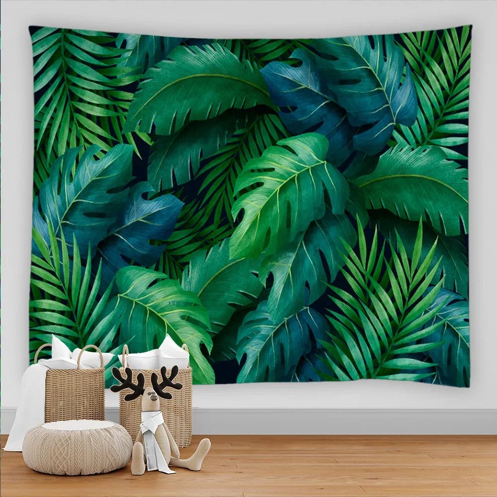 Forest Green Plant Palm Leaf Tapestry Nature Scene Wall Hanging Asthetic Room Decor Tropical Rainforest Plants Background Decor