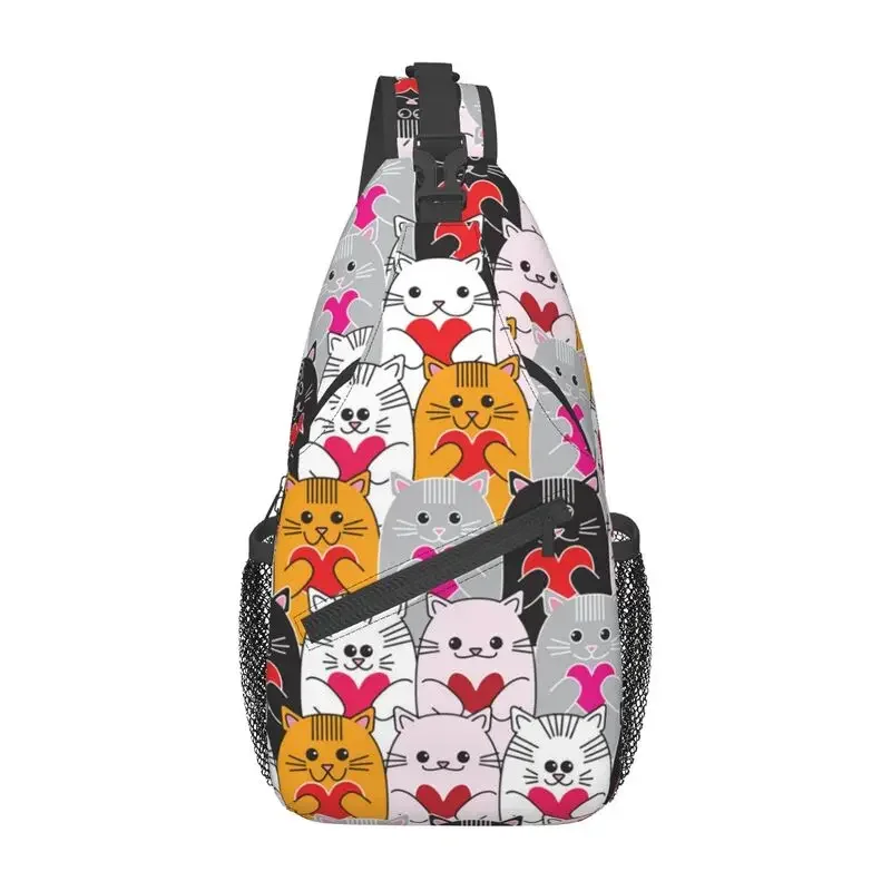 

Casual Cats Love Hearts Sling Crossbody Backpack Men Cartoon Kitten Shoulder Chest Bag for Traveling