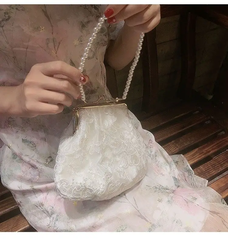 JIAERDI Lace Pearl Y2k Bags Women Fairycore Aesthetic Handle Messenger Bag Wallet Ladies Vintage Harajuku Crossbody Bags Purse