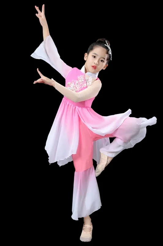 Trajes de danza clásica tradicional para niñas, trajes nacionales antiguos de estilo chino Hanfu Yangko, trajes de baile Hmong, baile para fanáticos