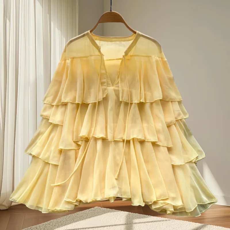 

French-style chiffon blouse for women, new spring style, ruffled cake top, thin long-sleeved shirt