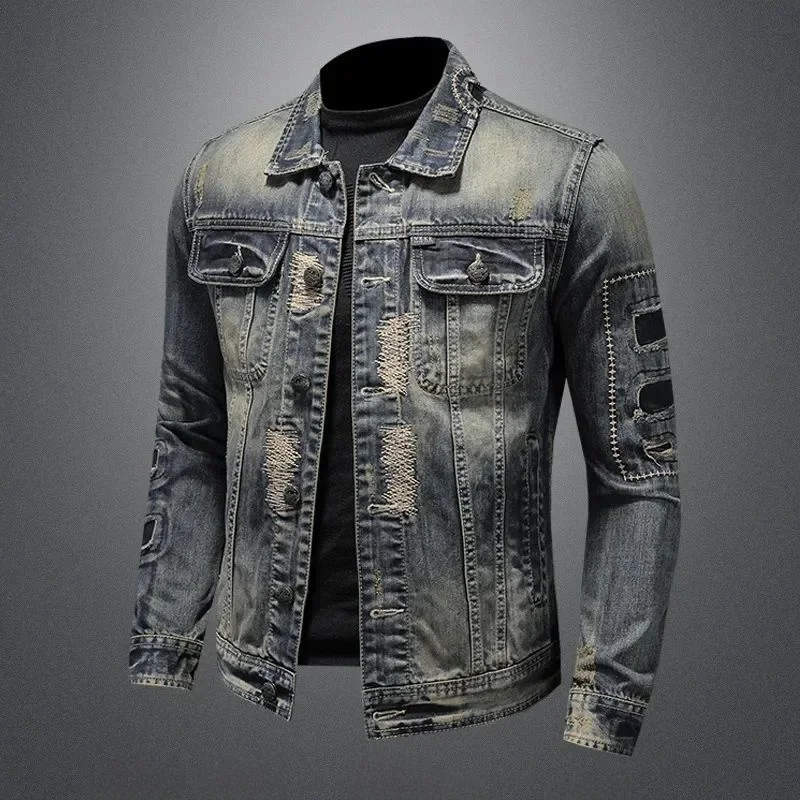 

Men's Slim Fit Denim Jaet 2024 New Sle European American V-Ne ort Sve Youthful Energy Autumn Faion Outerwear