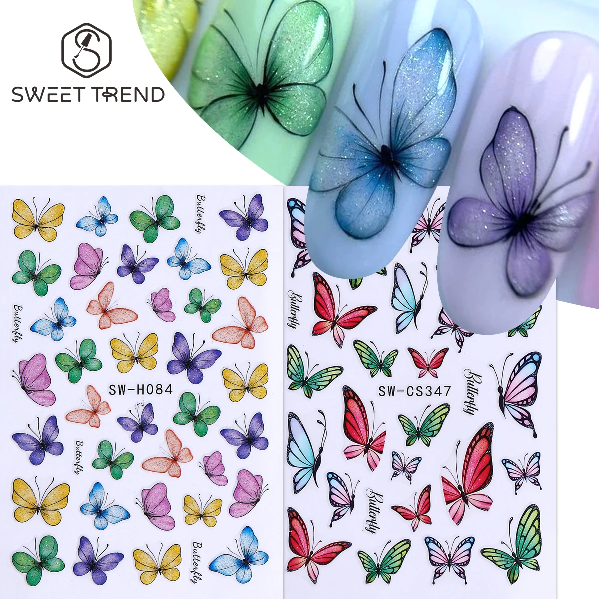 2pcs Shimmer Butterfly Nail  Stickers Colorful Dreamy Lace Fairy Big Wings Decals DIY Charm Design Summer Manicure Accessories