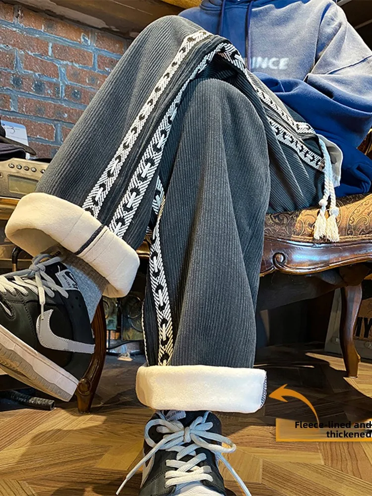 

Мужские зимние брюки из вельвета Thiened Fce, прямые повседневные брюки свободного кроя, модные брендовые длинные брюки