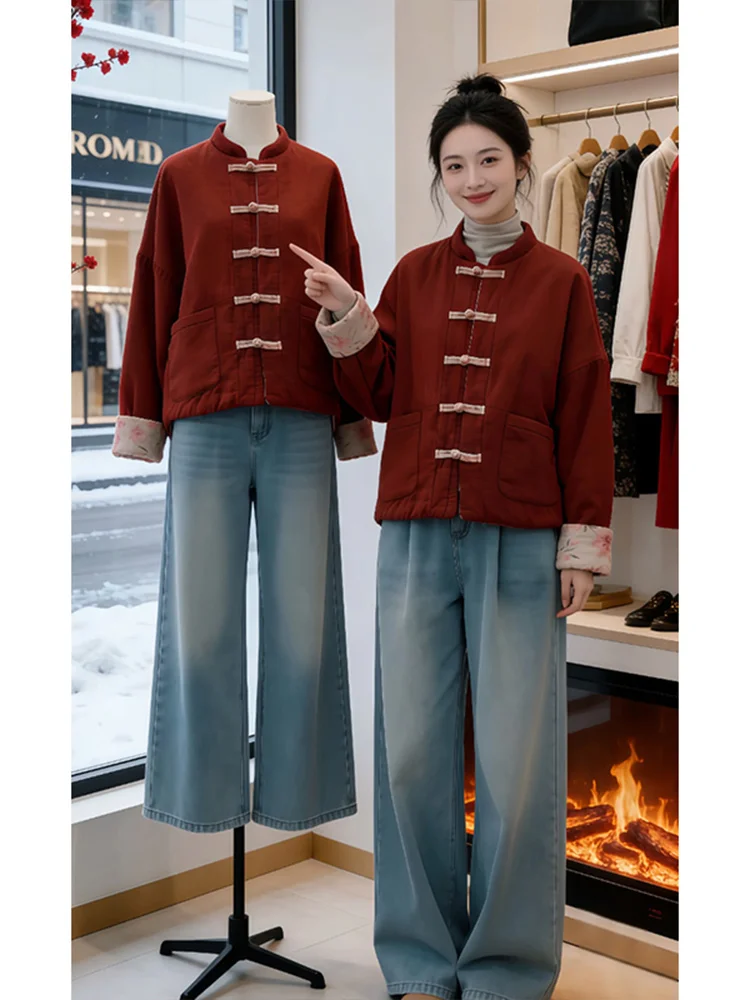 

New Chinese Style Women's Thickened Cotton Jacket Loose Fit Printed Winter Coat with Button Warm Cozy Small Cotton Shirt