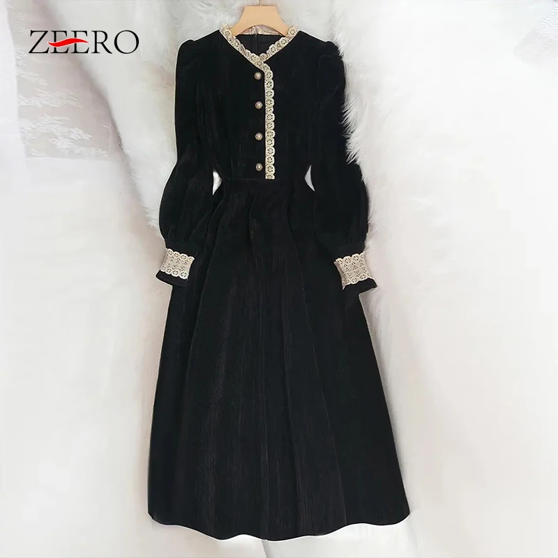 Autumn Spring  Women Vintage Long Sleeve V Neck Lace Patchwrok Corduroy Dress Elegant Female Single Breasted Dresses