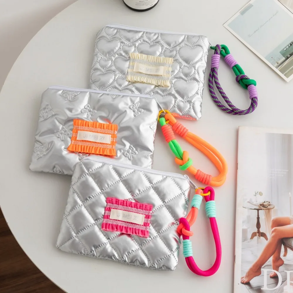 New Silver Color Coin Purse Cotton Hanging Rope Cosmetic Bag Heart Shape Handbag Wallet