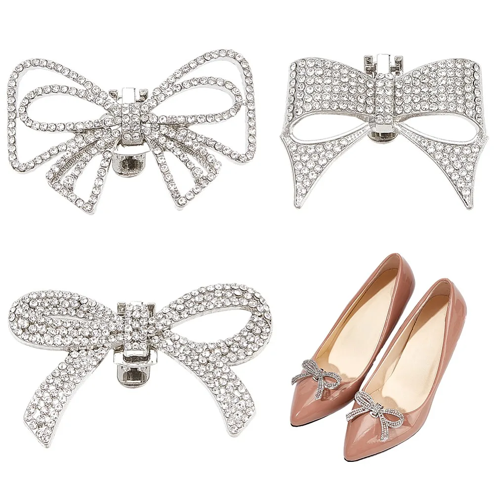 

6Pcs 3 Styles Bowknot Alloy Rhinestone Shoe Decorations Detachable Shoe Buckle Clips Platinum 38~39x47~62x5~11mm 2pcs/style