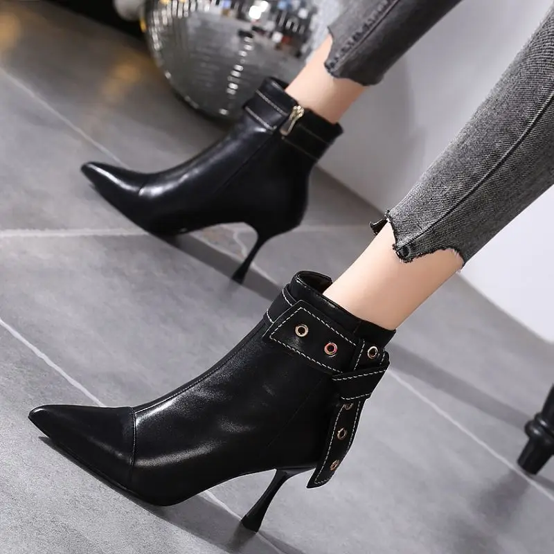 

Pointed Pure Black PU Leather Rivet Straps Women's Boots Autumn Winter Stiletto High Heels Ankle Boots Sexy Fashion Short Boots