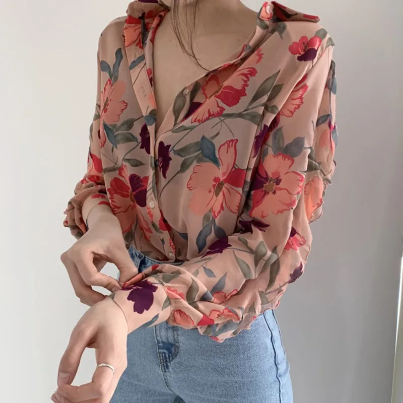 Women\'s Chiffon Shirt Floral Print V-Neck Long Sleeve Fashion Cozy Loose Blouse