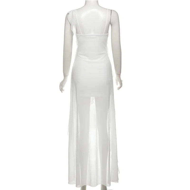 الصيف موضة الخامس الرقبة فساتين عارية الذراعين مكدسة مثير الأبيض فستان طويل المرأة سليم صالح السباغيتي حزام قميص Coquette Y2k الملابس