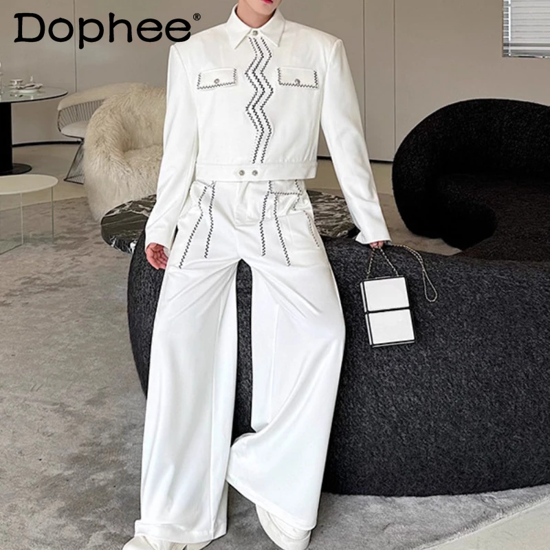 

High-End Fashion Contrast Color Suit Sets Men 2025 Autumn New Chic 2pcs Embroidered Jackets Loose Wide-Leg Pants Two-Piece Sets