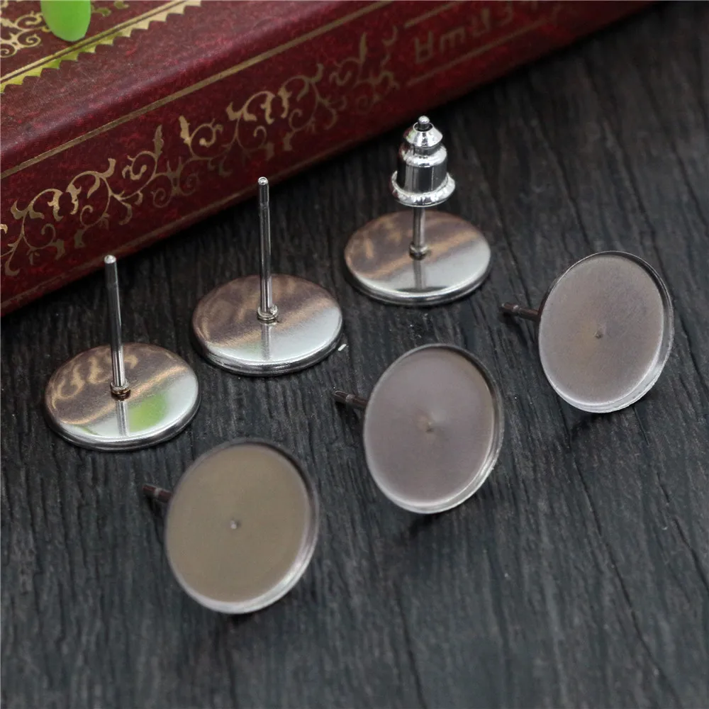 ( No Fade ) 10mm 20pcs/lots 2 Style Stainless Steel Earring Studs,Earrings Blank/Base,Fit 10mm Glass Cabochons,Buttons;