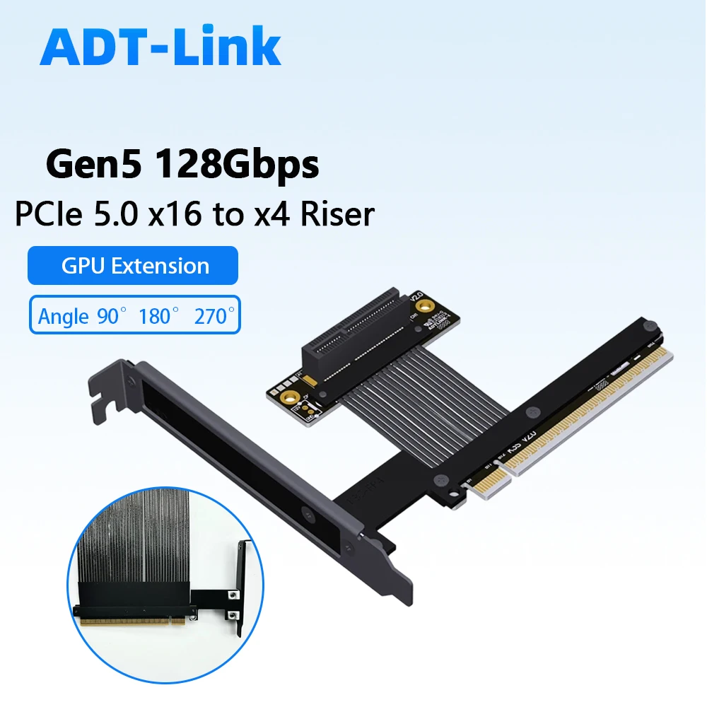 ADT-Link PCIe 5.0 X16 To X4 Riser Cable 128Gbps Soft Ribbon Extension 90/180/270 Elbow 1U Server Bracket GPU Extender Adapter