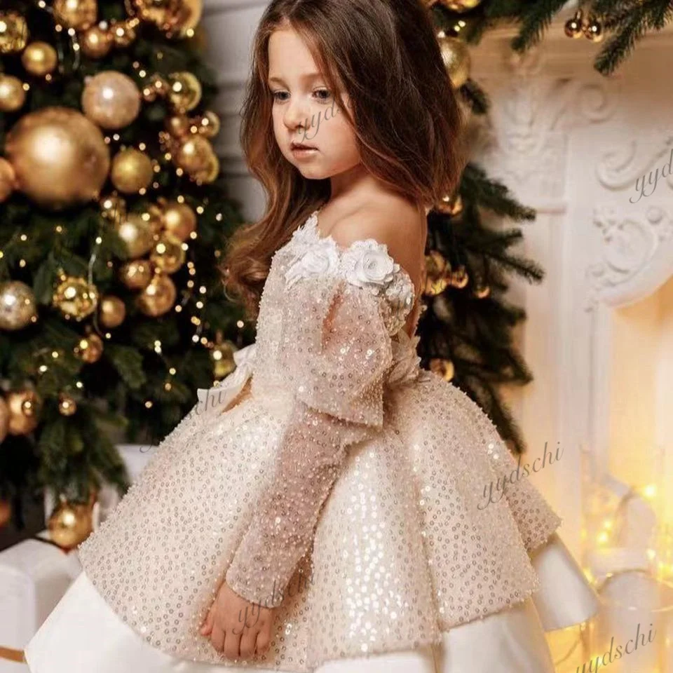 Luxury Glitter Sequined Flower Girl Dresses For Wedding 2022 Floral Appliques Full Sleeves Princess Long First Communion Gowns