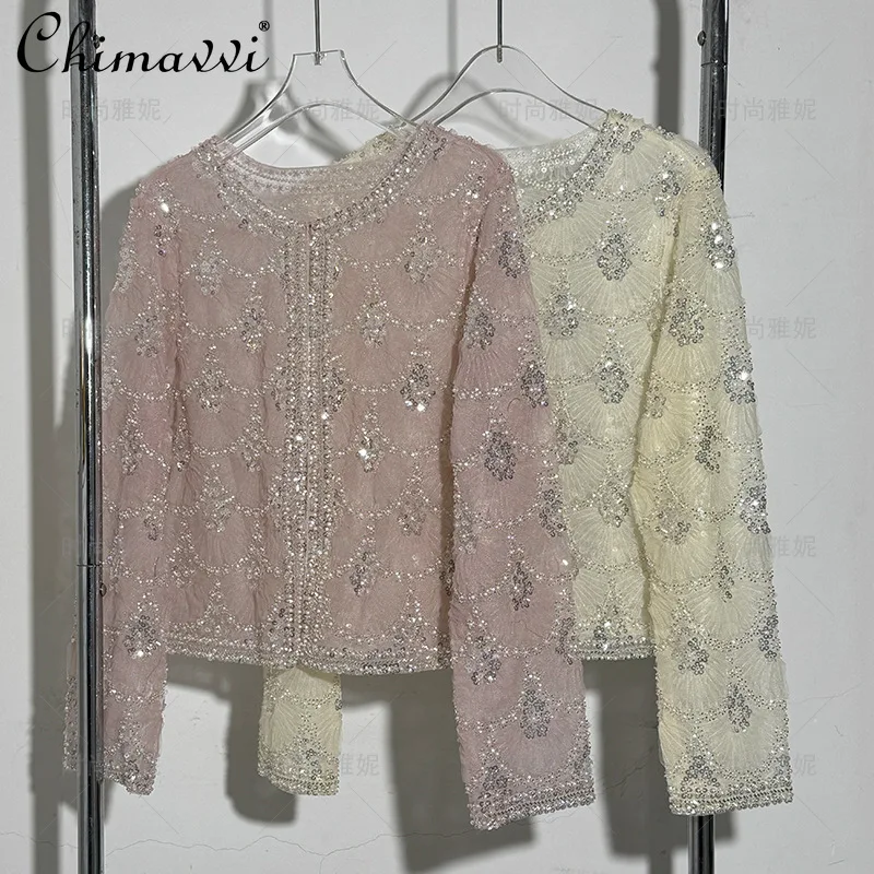 

Fashion New 2026 Spring Autumn Women's Long Sleeve Round Neck Stage Luxury Cardigan Heavy Beading Sequin Slim Fit Women's Top