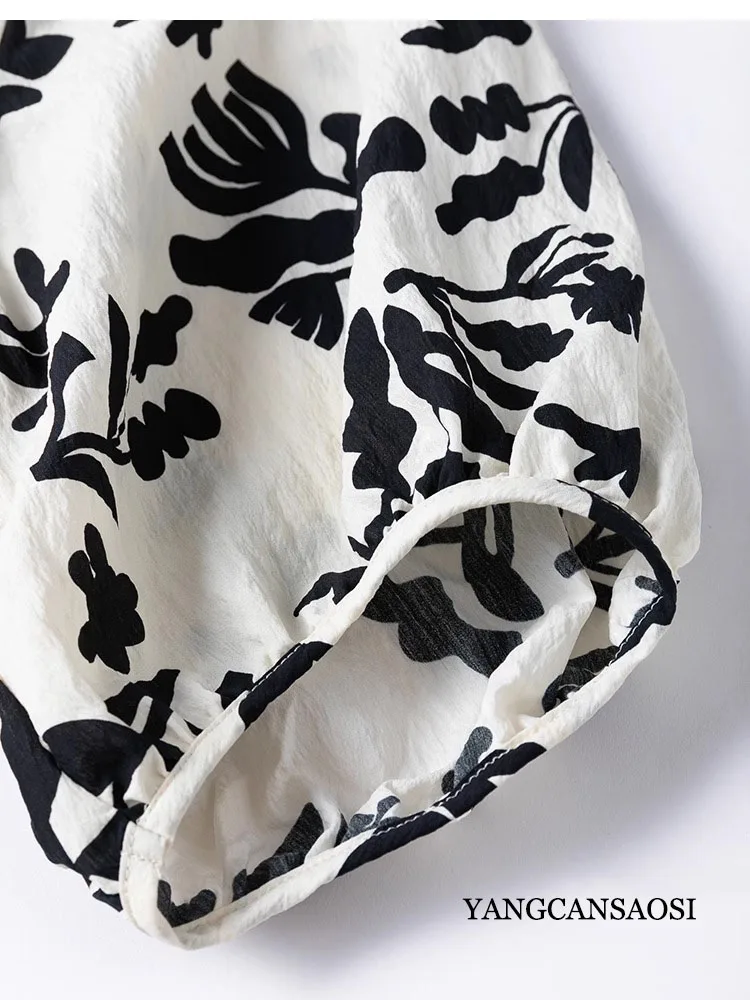 Atmosférico abstracto blanco y negro impreso moda moderna 76% seda de morera Natural seda seca hombro manga vestido dividido