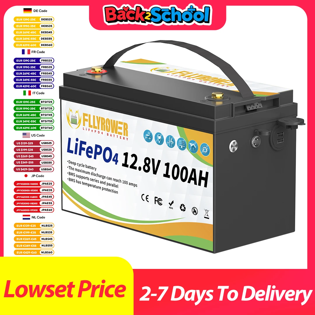 LiFePO4 배터리 12V 100Ah BMS100A 인버터 태양광 오프로드 오프 그리드 태양 에너지 딥 사이클용 충전식 리튬 배터리 팩