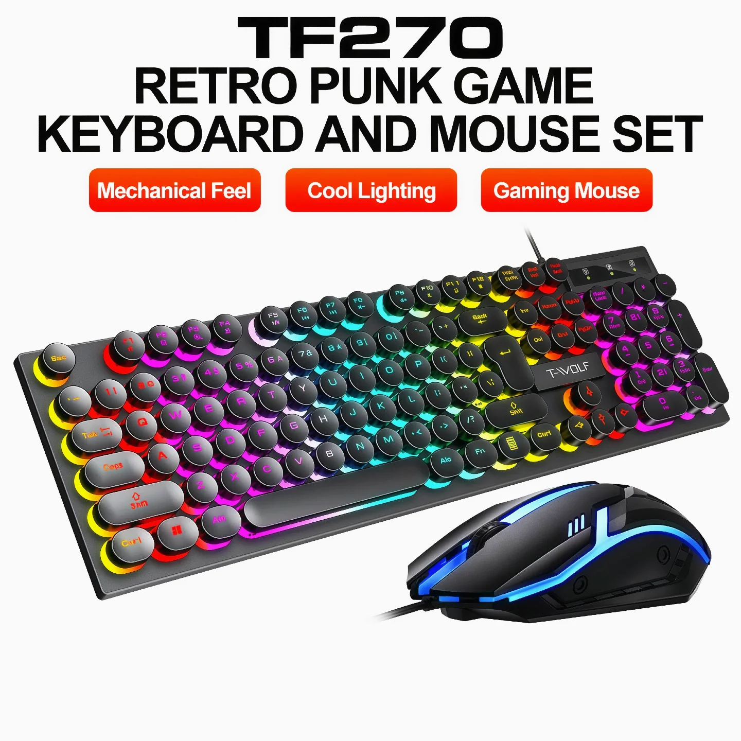 RGB Wired Gaming Keyboard Mouse Combo T-WOLF  Mechanical Feel LED Backlit Ergonomic Plug Play  Gaming Setup Student Back to School Gift PC Laptop