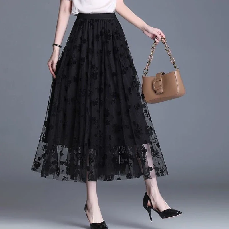 

Elegant Skirt for Women Summer New 2025 Mesh Fashion Hook Flower Loose Midi Skirt Casual All Match Long Dresses for Female