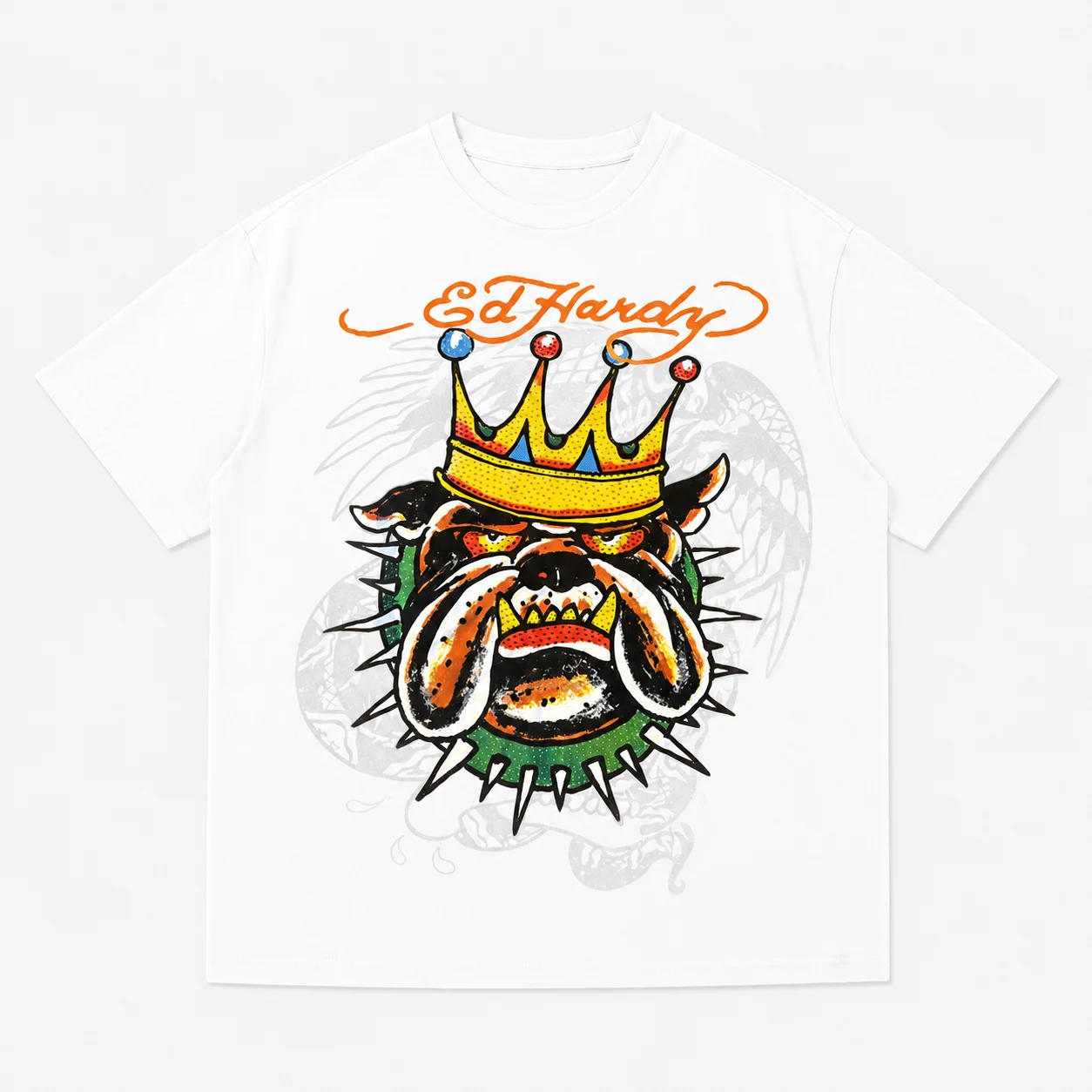 Ed Hardy T-Shirt mit gekrönter Bulldogge, Stachelkragen, Drachensilhouette, Old-School-Tattoo, Retro-Street-Grafik, Unisex, Oversized, Baumwolle – Detail 3