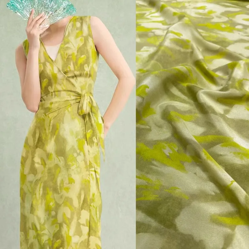 

Желто-зеленая шелковая крепдешинная ткань для шитья своими руками, удобное платье, юбка, брюки, пижама, эластичная шелковая ткань из спандекса R2550