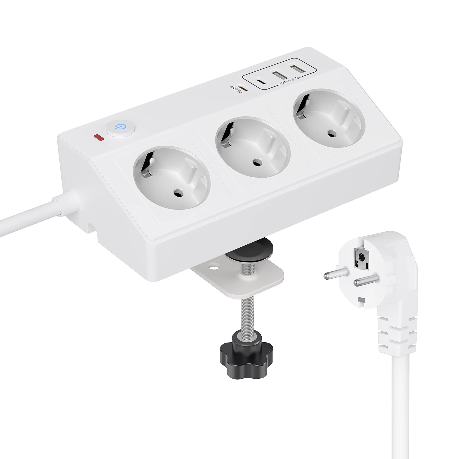 Multiprise de serrage européenne avec câble d'extension de 3 m, adaptée au bureau, à l'école à domicile et à d'autres scénarios