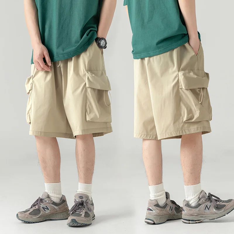 2026 Summer New Men Loose Knee Cargo Shorts Hip Hop Streetwear Japanese Style Large Size Thin Shorts Male Short Trousers
