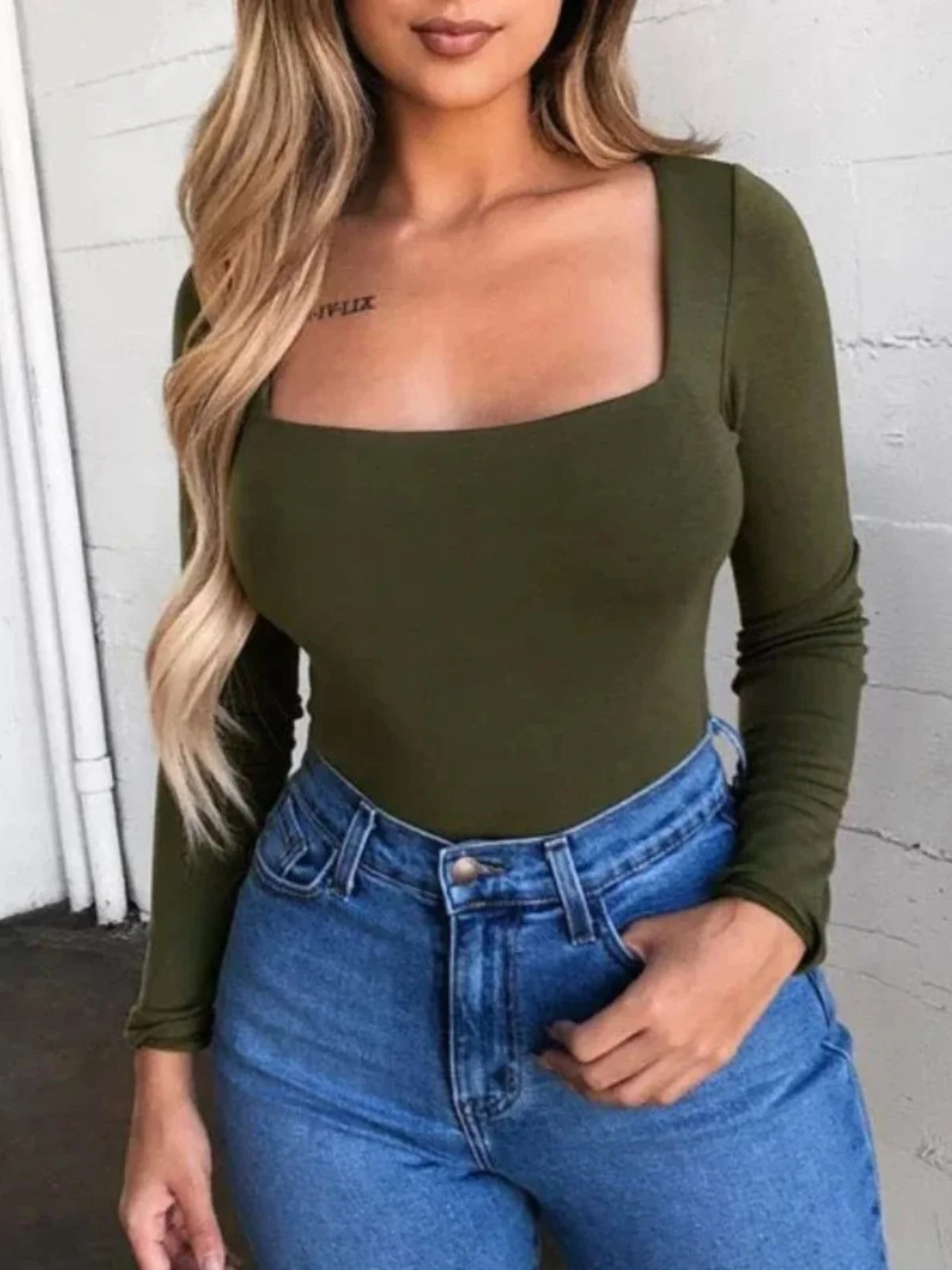 Sexy Long Sve Square Ne Top Slim Fit Street Sle Pure Color Polyester T-irt for Young Women Autumn Season ort Length