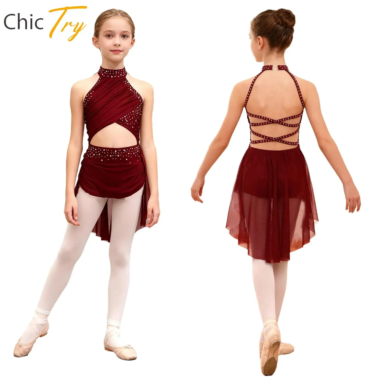 

Kids Girls Ballet Tutu Dresses Lyrical Modern Dance Dress Skating Gymnastics Performance Costume Rhinestone Mesh Leotard Dress