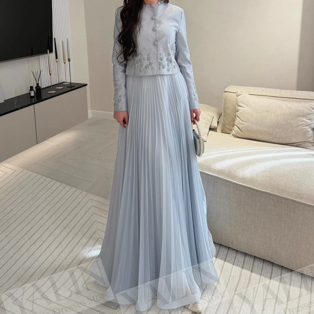 

Women's A-line Evening Dresses Floor-length High-neck Full Sleeve Prom Gown Fashion Flowers Button Simple Draped Customized Gown