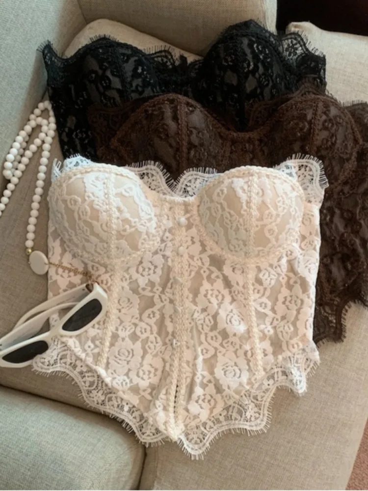 

Autumn Winter Lace Splice Slim Fit Short Women's Design Sense Strapless Top Breathable Skin-Friendly City Walk Commute Style