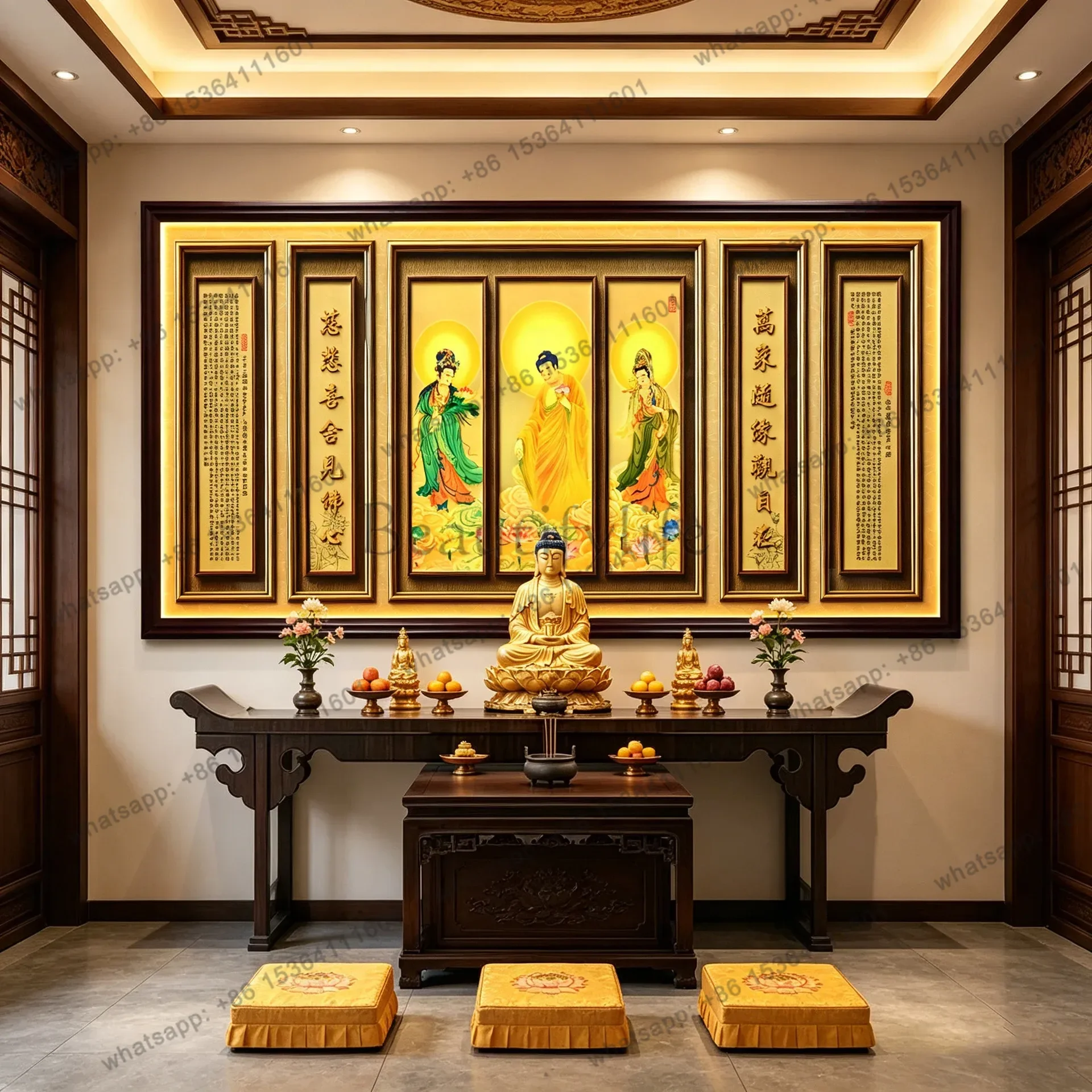 PG  Western Three Saints Buddhist Hall Decorative Painting with Heart Sutra Devotion Living Room Shrine Hall Entrance Murals