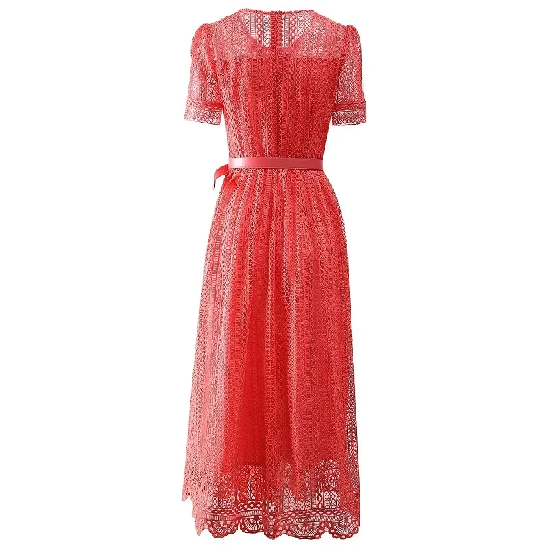 Crochet Lace Embroidery Dress 2024 Summer High Quality Brand Women Belt Deco Short Sleeve Elegant Party Evening Long Maxi Dress