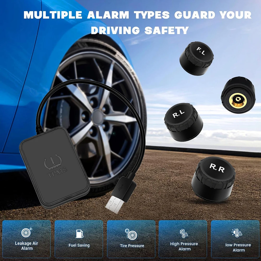 

USB Android TPMS Tire Pressure Monitoring System Display Alarm System Internal Sensors For Car Navigation Car Radio 4 Sensors