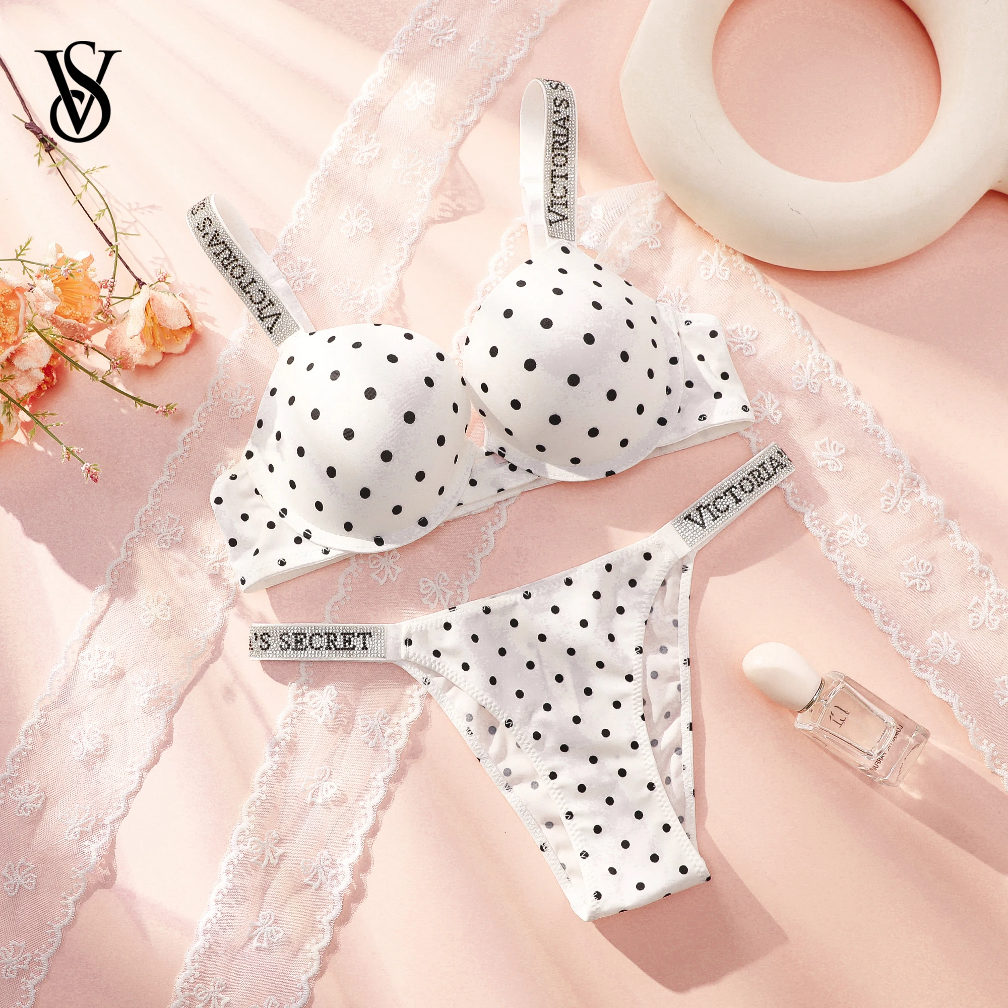 Victoria Secret Sexy Damenunterwäsche Sehr Sexy Shine Script Polka Dot Push-Up BH Shine Script Tanga-Set Heiß