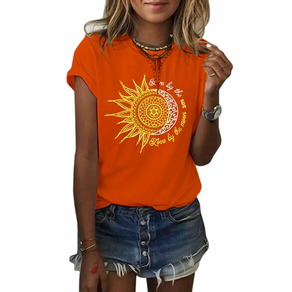 T-Shirts Woman 2024 Summer Vintage Casual Short Sleeve Tees Fashions Moon And Sun Printed Graphic Solid Color Women\'s T-Shirt