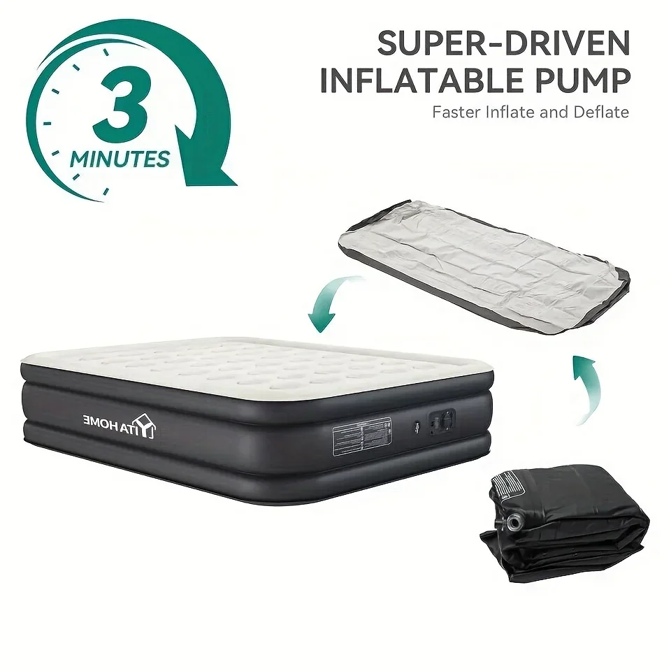 

Queen Air Mattress With Built-in Pump And Carry Bag, 18" Elevated Inflatable Mattress Blow Up Mattress For Camping, Home