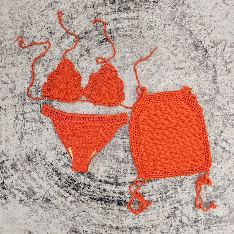 ファッション水着 レディース 3点セット ニット 三角ビキニ ホローアウト レースアップ スカート カバーアップ 2025 新作 セクシー ビキニ 水着