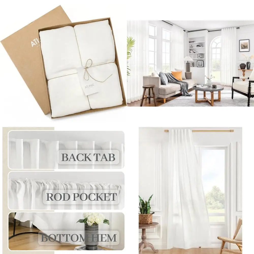 

White Linen Sheer Curtains - 2 Pack, 63 Natural Window Treatments for Privacy and Light Filtering, Suitable for Bedroom, Living