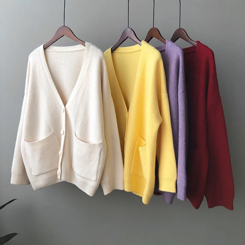 Autumn Winter New 2024 Sweater Women Knitted Cardigan Female Basic V-neck Sweaters for Women Knit Coat Cardigans Beige Red