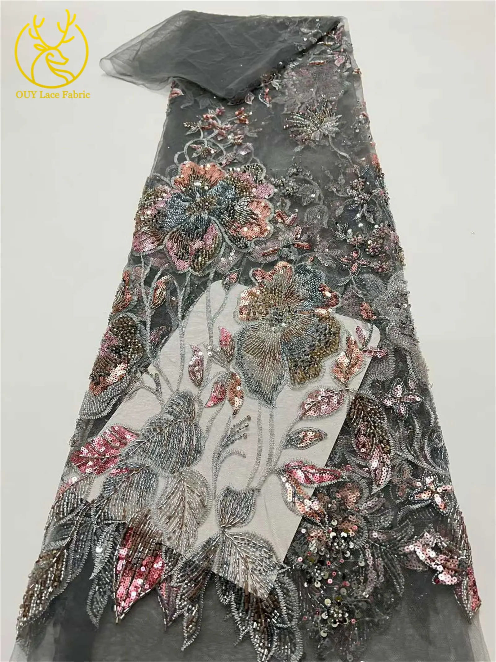 Afrikanischer schwerer Perlen-Spitzenstoff, 5 Yards, luxuriöse französische Pailletten-Spitze, Nigeria-Stickerei, Tüllspitze für Hochzeitskleider – Detail 19