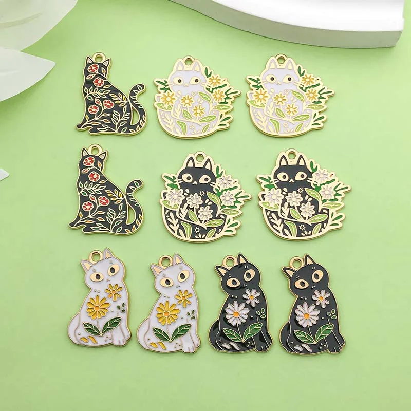 10pcs Enamel Cute Flower Cat Charms Alloy Metal Animal Pendants for DIY Bracelet Necklace Jewelry Making Accessories