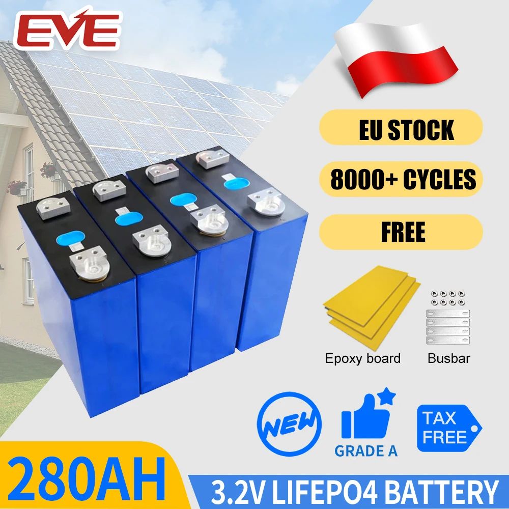 New 4PCS EVE 280AH LiFePO4 Battery 12V LFP 3.2V Rechargeable Cells with QR Code For 24V 48V Home Solar RV Camper Storage Pack