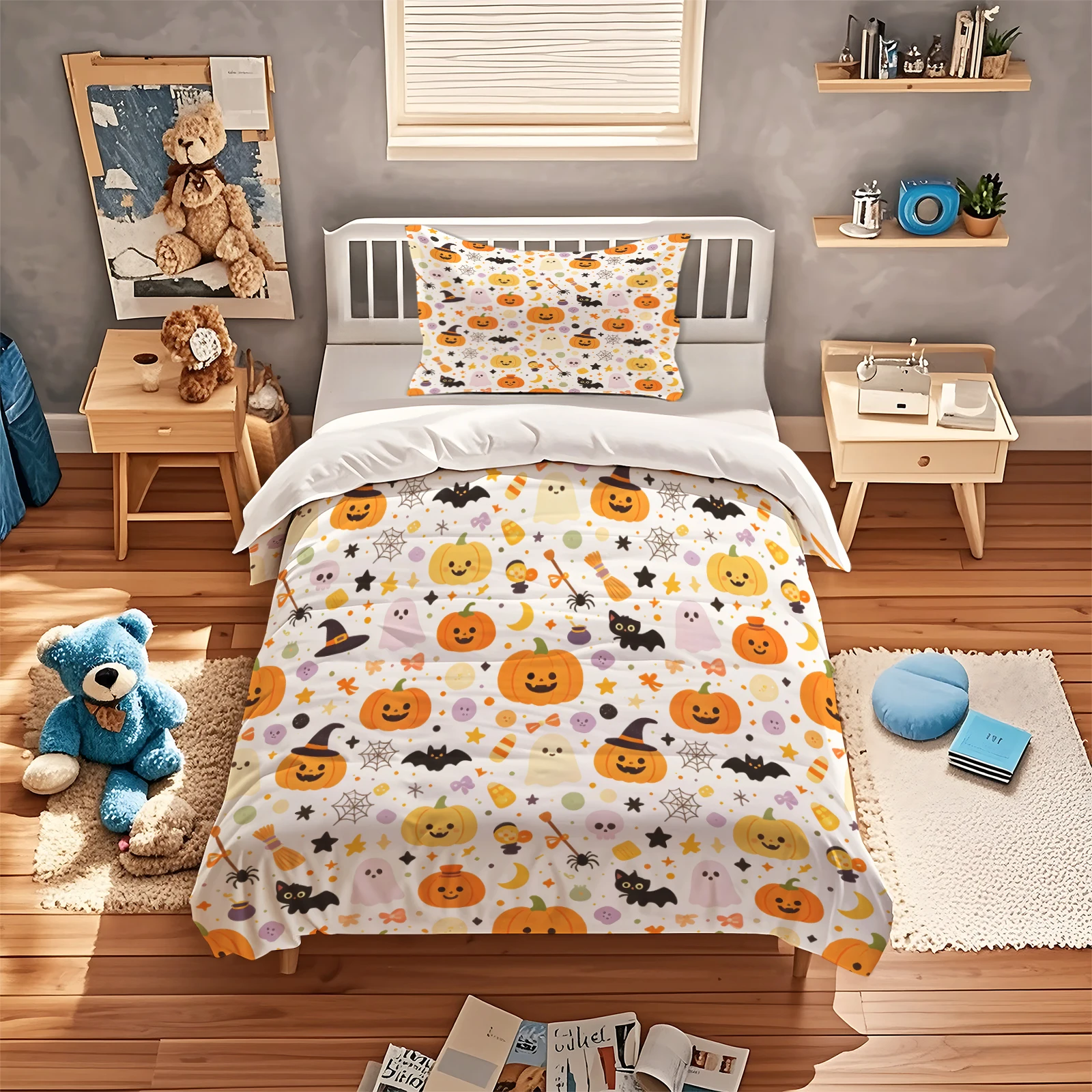 Halloween Duvet Cover Set Cute Pumpkin Ghost Black Cat Spider Web Print Bedding Set Quilt Cover with Pillowcases Holiday Bedding view 2
