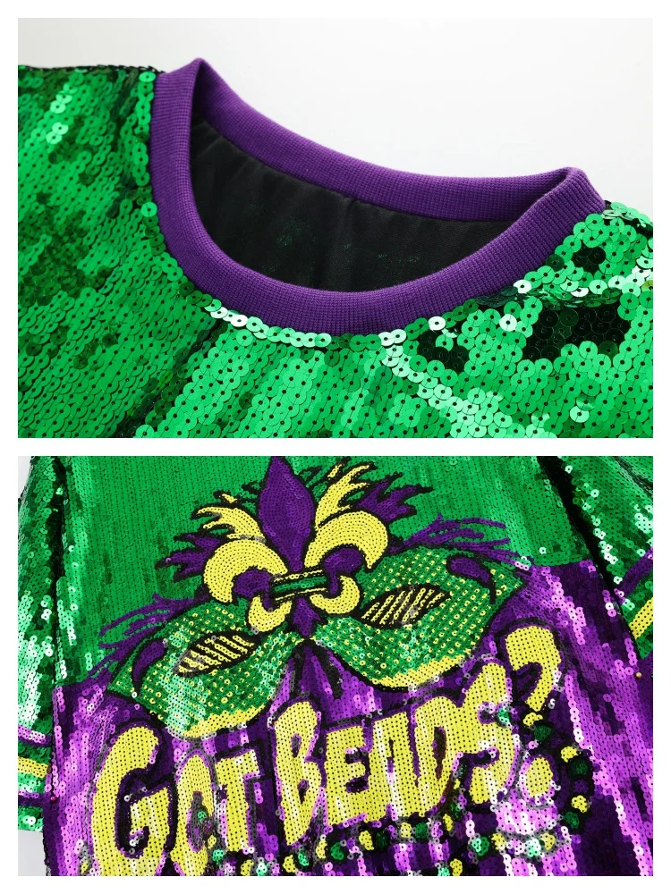 Abito da festa con paillettes con stampa maschera Fleur-De-Lis scintillante, girocollo, mezza manica, abito t-shirt con paillettes larghe oversize a blocchi di colore